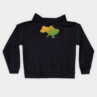 Colorful mandala art map of Ukraine with text in green and orange Kids Hoodie